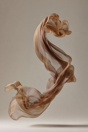 A delicate, flowing scarf resembling translucent smoke trails twists gracefully in mid-air against a neutral background, perfect for fashion moodboards or autumn campaigns.の素材