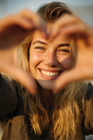 A cheerful woman smiles through heart-shaped hands, bathed in a golden glow. Captured outdoors, this lifestyle photograph exudes warmth and happiness in a bright, joyful tone.の素材