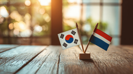 Miniature flags of South Korea and Thailand on a wooden table, with a sunlit window backdrop. The colorful silk flags symbolize friendly trade relations in a corporate setting.の素材