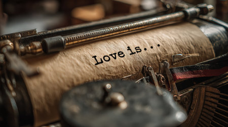 An antique typewriter prints the phrase "Love isâ¦" on aged parchment. The image features golden tones and a cinematic depth of field, creating an emotional vintage atmosphere.の素材