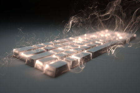 Abstract image of a glowing keyboard layout formed by smoke lines and light accents. Keys appear to float above a dark surface, ideal for software branding or development themes.の素材