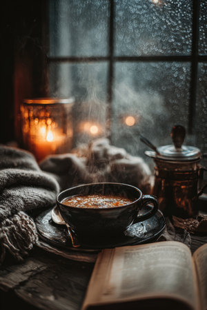 A close-up of a cozy scene featuring steaming soup, a soft blanket, and an open book by candlelight. The moody tone and rainy window create a warm, inviting atmosphere.の素材