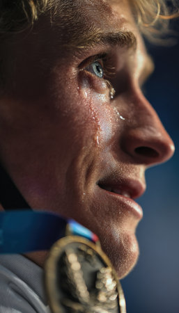 Close-up of a cyclist's emotional face on the podium, showcasing a silver medal and a tear rolling down the cheek. The image features a blurry background and clean lighting.の素材