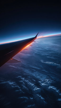 A high-altitude view of an aircraft wing slicing through the air, set against a glowing blue horizon. The scene captures a cinematic travel experience in a realism style.の素材