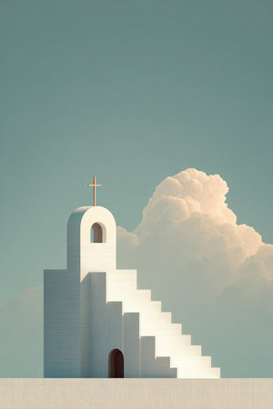 A minimalist church facade featuring a steeple and cross, crafted from vertical smoke shapes. It glows subtly against a pale sky, offering a sacred and symbolic visual.の素材