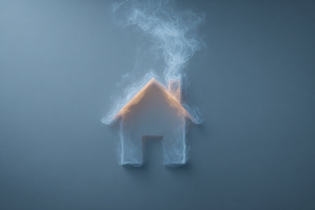 A house icon crafted from soft smoke with a chimney detail, set against a blue-gray backdrop. This minimalist design exudes warmth and is ideal for real estate themes.の素材