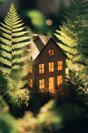 Cinematic macro photo of an eco-friendly model home surrounded by lush ferns, illuminated by glowing sunlight. The image captures the essence of green future housing concepts.の素材