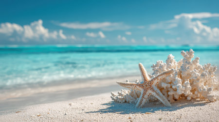 White coral and a starfish rest on a sandy beach under bright sunlight, with a turquoise sea horizon in the background, creating a dreamy tropical travel aesthetic.の素材