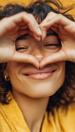 A cheerful portrait of a woman with her hands forming a heart over her face. The image captures a natural, joyful mood with warm, golden tones, highlighting her smiling expression.の素材