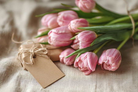 A beautiful bouquet of pink tulips lies on kraft paper with a gift tag, bathed in soft natural window light, creating a warm and emotional Motherâs Day vibe.の素材