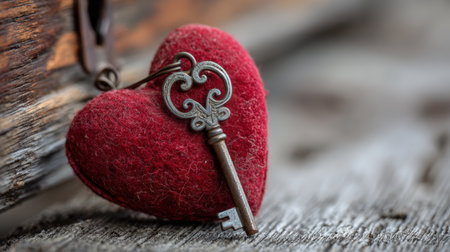 A red heart paired with an old-fashioned key rests on a rustic wooden surface. The image captures emotional and romantic symbolism with a cinematic depth of field.の素材