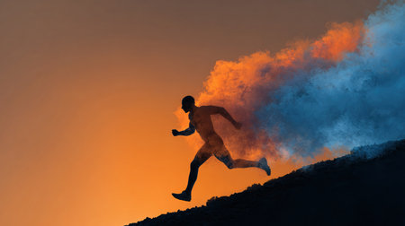 Silhouette of a figure running uphill with a dynamic smoke trail against a sunrise gradient background. The image conveys aspiration and motivation, ideal for inspirational content.の素材