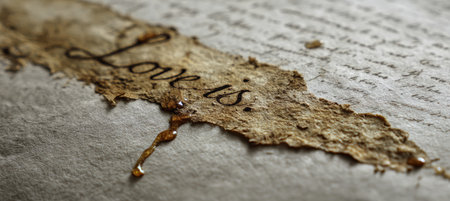 Macro shot of faded ink forming the phrase "Love is..." on rough parchment. The image captures a symbolic minimalism with a vintage warm aesthetic, highlighting texture.の素材