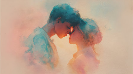 A romantic watercolor painting depicting lovers blending into a soft pastel background. The gentle brushwork and dreamy colors create a serene and intimate atmosphere.の素材