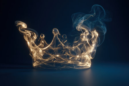 A crown icon sculpted from glowing golden smoke tendrils, set against a deep royal blue background. This regal and luxurious aesthetic is ideal for premium branding and editorial design.の素材