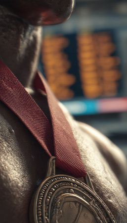 Photorealistic close-up of a bronze medal hanging from an athlete's neck. The background features a blurred scoreboard, highlighting the medal's intricate details and rich color depth.の素材
