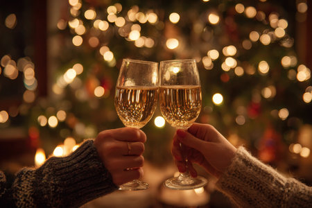 A couple clinks champagne glasses in front of a glowing Christmas tree, surrounded by warm fairy lights and bokeh effects, capturing a cozy and festive indoor moment.の素材