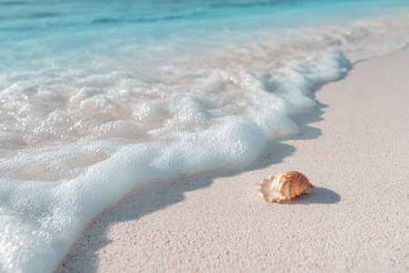 Cinematic travel photography capturing a tropical paradise with white sand, clear water, gentle foam waves, and a seashell. Perfect for evoking serene beach vibes and relaxation.の素材
