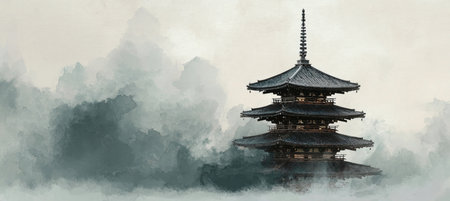 A traditional Japanese pagoda rises gracefully through layered smoke, each tier fading into a misty backdrop. This image evokes cultural serenity and spiritual balance.の素材