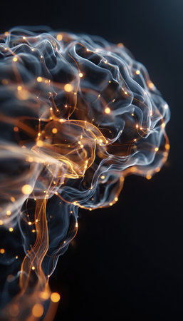 A neural network brain structure rendered with dynamic smoke lines and glowing nodes, set against a black tech background. Ideal for illustrating AI and modern technology concepts.の素材