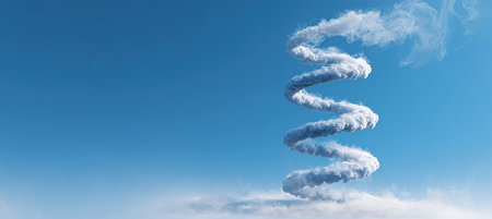 A mesmerizing spiral tower of white smoke twists upward into a gradient blue sky, creating a surreal and symbolic image. Ideal for themes of metaphysics and innovation.の素材