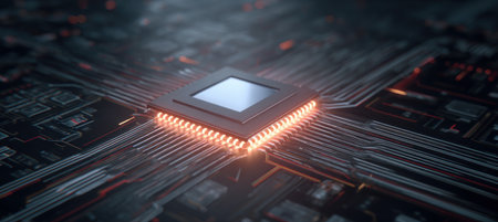 Abstract image of a microchip with a glowing core, set on a minimalist circuit-style background. Ideal for AI branding and futuristic data concepts.の素材