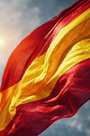 High-definition image of the Spanish flag rippling in the sunlight, showcasing vibrant red and yellow colors against a cloud-softened sky, evoking a warm Mediterranean feel.の素材
