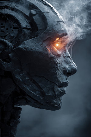 A conceptual humanoid cyborg head with a glowing eye, crafted from layered smoke mechanics, set against a black sci-fi backdrop. Ideal for themes of AI, neural tech, and robotics.の素材