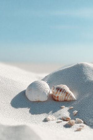 A serene beach composition featuring scattered seashells on white sand under a soft pastel sky, capturing a calm summer morning aesthetic.の素材