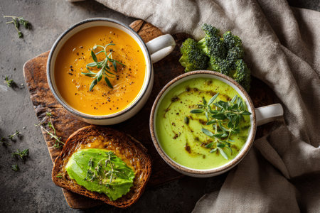 Delicious vegetarian meal featuring creamy green and orange soups garnished with herbs, served with avocado toast and broccoli on a linen cloth in bright natural morning light.の素材