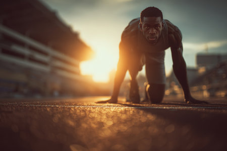 A male athlete is poised in a starting position on a track, with sunlight casting a dramatic glow in a stadium environment, capturing a moment of focus and motivation.の素材