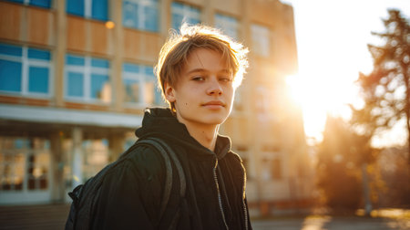 A confident teenage boy with acne scars stands outside a school building, wearing a backpack. The sunlit scene captures his positive energy and readiness for the day.の素材