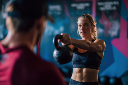 A personal trainer guides a client through kettlebell swings in an indoor studio. The scene captures vivid motion and features motivational posters in the background.の素材