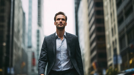 A confident businessman strides down a city street, surrounded by tall buildings. The urban background is blurred, emphasizing his determined expression and professional attire.の素材