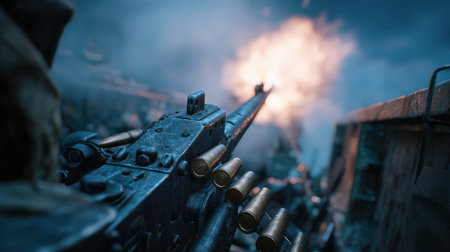 A tactical scene showing an operator behind a heavy machine gun, firing with smoke clouds and brass casings in mid-air. The image features a gritty, blue-grey lighting aesthetic.の素材