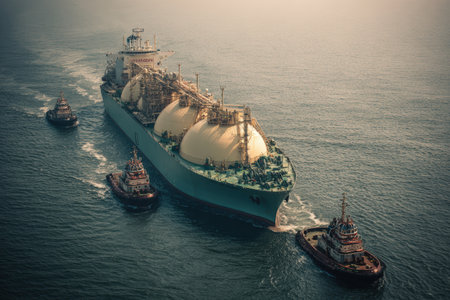 LNG cargo vessel with a vintage industrial color palette, featuring muted greens and off-white tanks, escorted by tugboats on the open sea, evoking nostalgic maritime aesthetics.の素材