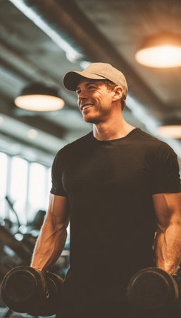 A confident man lifts dumbbells in a modern gym, showcasing strength and an active lifestyle. The bright lighting highlights his determination and fitness focus in this dynamic setting.の素材