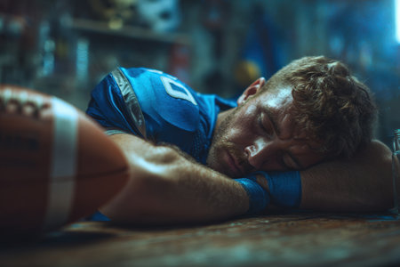 A football player in a blue uniform rests his head on a table after treatment, with a football beside him. The scene captures the cinematic realism of sports recovery.の素材