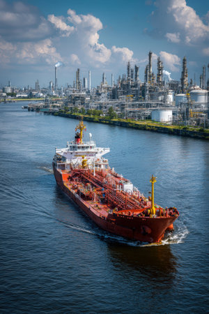 A large oil transport ship navigates near a modern refinery complex, showcasing detailed piping systems and storage tanks. The scene is captured under soft midday clouds in a wide-angle view.の素材