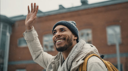 A man waves enthusiastically, realizing it's a stranger, captured mid-wave with an awkward smile in an urban outdoor environment. The scene conveys humor and relatable human moments.の素材