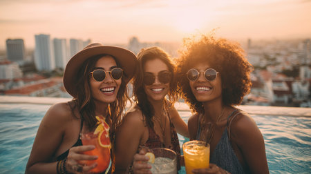 Three friends enjoy drinks at a rooftop pool, set against a stunning city skyline. The image captures a stylish, carefree lifestyle with a warm, sunset ambiance.の素材