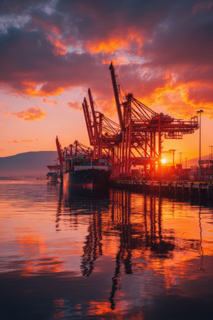 A serene coastal cargo terminal at sunset, featuring towering cranes above a freight vessel. The warm-toned sky beautifully reflects on the calm water, creating a peaceful maritime scene.の素材
