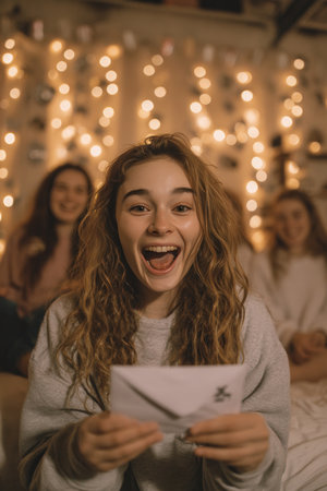 A teenage girl opens a mystery envelope and screams in surprise during a cozy sleepover. Soft lights create a warm atmosphere as friends laugh in the background, capturing a joyful moment.の素材