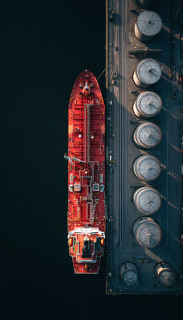 Aerial shot of a red hull tanker unloading at a coastal energy terminal. Symmetrical storage drums are visible inland, creating a calm industrial scene with minimal shadows.の素材
