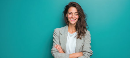 Studio portrait of a confident woman smiling with arms folded, wearing a casual blazer and t-shirt. Set against a solid turquoise background, conveying positivity and professionalism.の素材