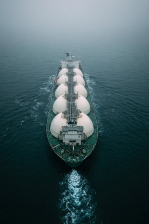 Aerial view of an ultra-modern marine freight tanker with four massive domed cryogenic containers, coated in polished white, navigating through green-blue waters with a subtle haze.の素材