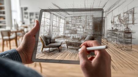 An interior designer uses a tablet with augmented reality to visualize virtual furniture, blending digital and hand-drawn sketches in a modern planning process.の素材