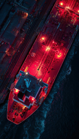 Aerial view of a tanker ship illuminated by red emergency lights during nighttime operations. The intense shadows and dramatic lighting create a high-drama industrial atmosphere.の素材