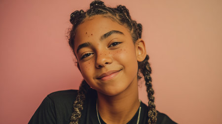Portrait of a confident teenage girl with braided hair and natural skin, showcasing visible acne. She smiles gently against a pastel backdrop in a clean studio environment.の素材