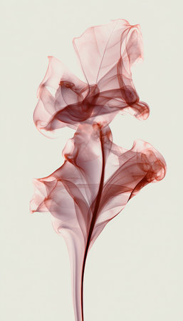 Artistic depiction of a leaf shape formed by flowing smoke against a white background. The wisps curl gracefully, creating a nature-inspired structure with translucent edges.の素材
